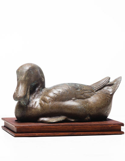 Picture of LAWRENCE & SCOTT PATINATED VERDIGRIS BRONZE DUCK WITH HONGMU WOOD STAND