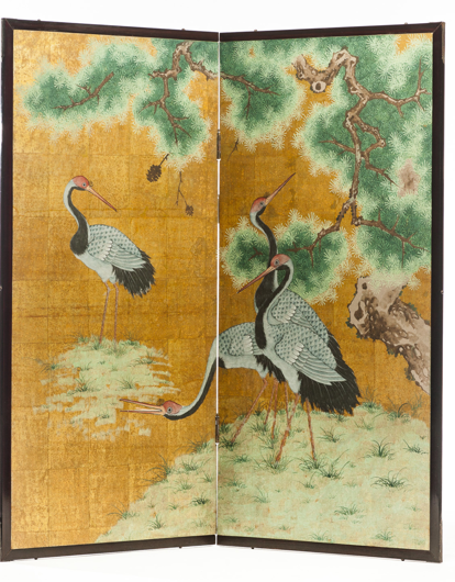 Picture of LAWRENCE & SCOTT JAPANESE STYLE 2-PANEL "CRANES AT REST" HAND-PAINTED GOLD FOIL SCREEN 24'' X 50'' X 2 PANELS