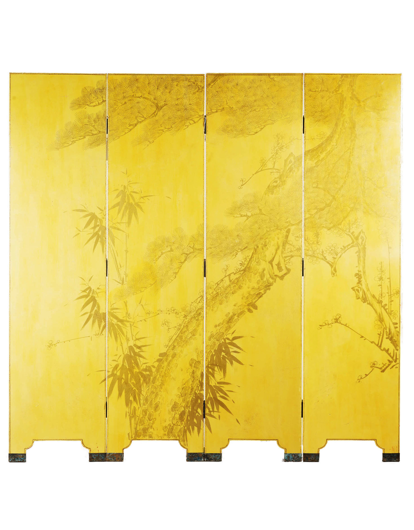 Picture of LAWRENCE & SCOTT DOUBLE-SIDED LEATHER WISTERIA SCENE 4 PANEL ROOM DIVIDER SCREEN IN MUSTARD YELLOW (72" H)