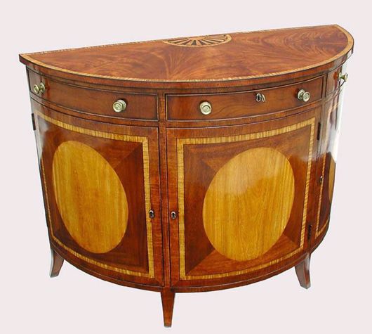 Picture of GEORGE III STYLE MAHOGANY AND SATINWOOD DEMI-LUNE CABINET