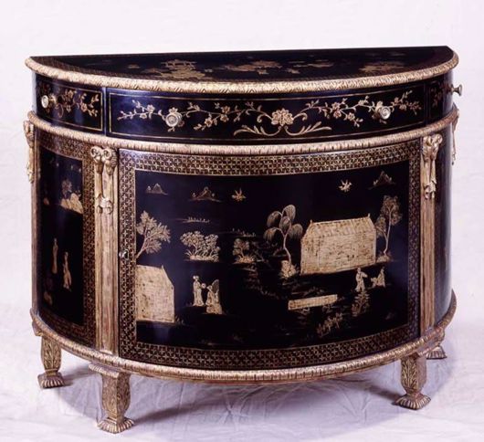 Picture of GEORGE III STYLE BLACK & GOLD LACQUERED DEMI-LUNE CABINET