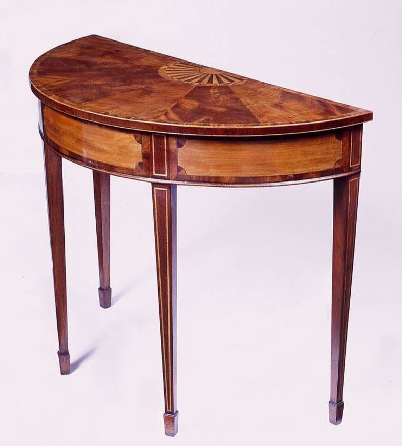 Picture of GEORGE III STYLE MAHOGANY AND SATINWOOD DEMI-LUNE TABLE